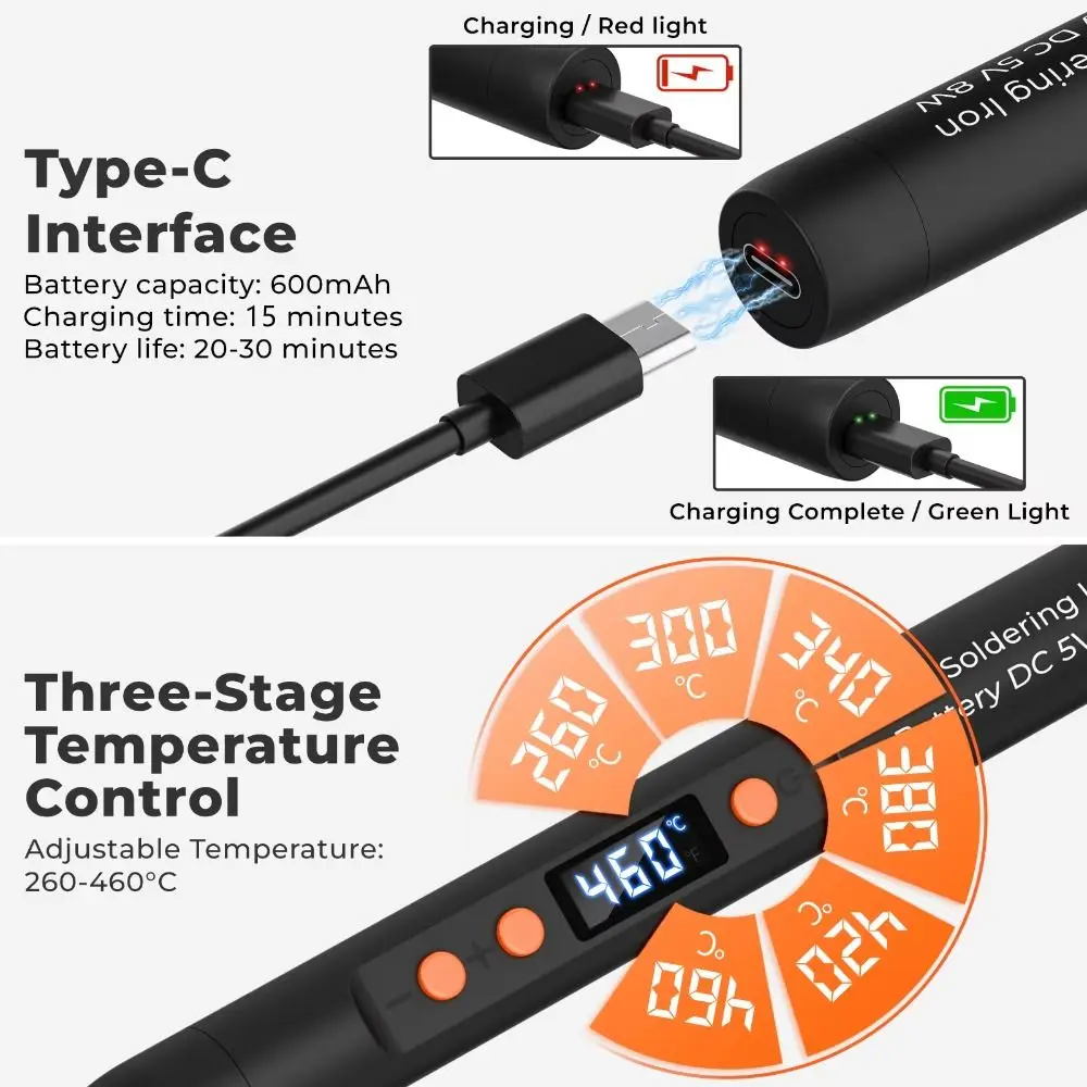 25W Power USB Soldering Iron Lithium Battery 3-Levels Adjustable Welding Set Lightweight Design Pen-Shaped Design