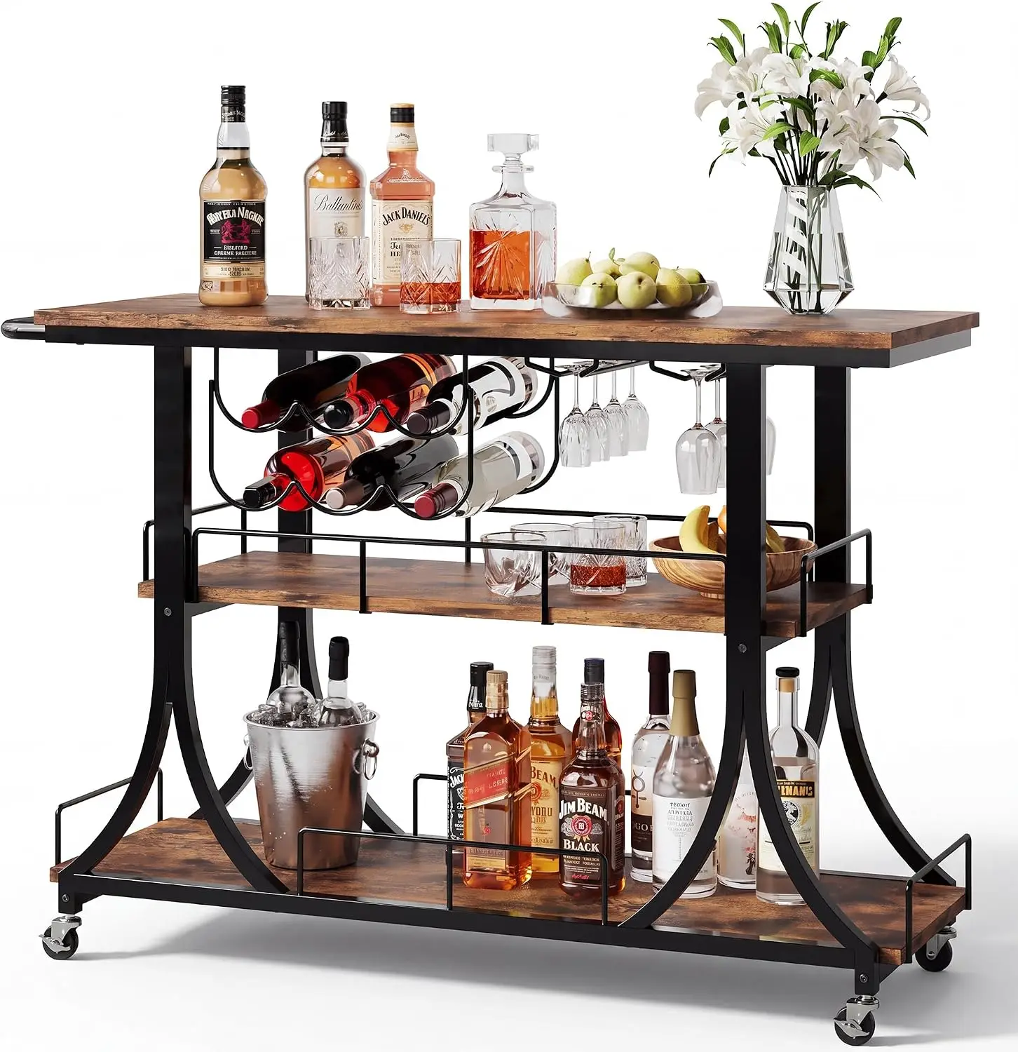 3-Tier Rustic Solid Wood Rolling Bar Cart Farmhouse Style Wheeled Serving Trolley with Wine Rack Heavy Duty Mobile Liquor Cart for Home Bar Kitchen Living Room
