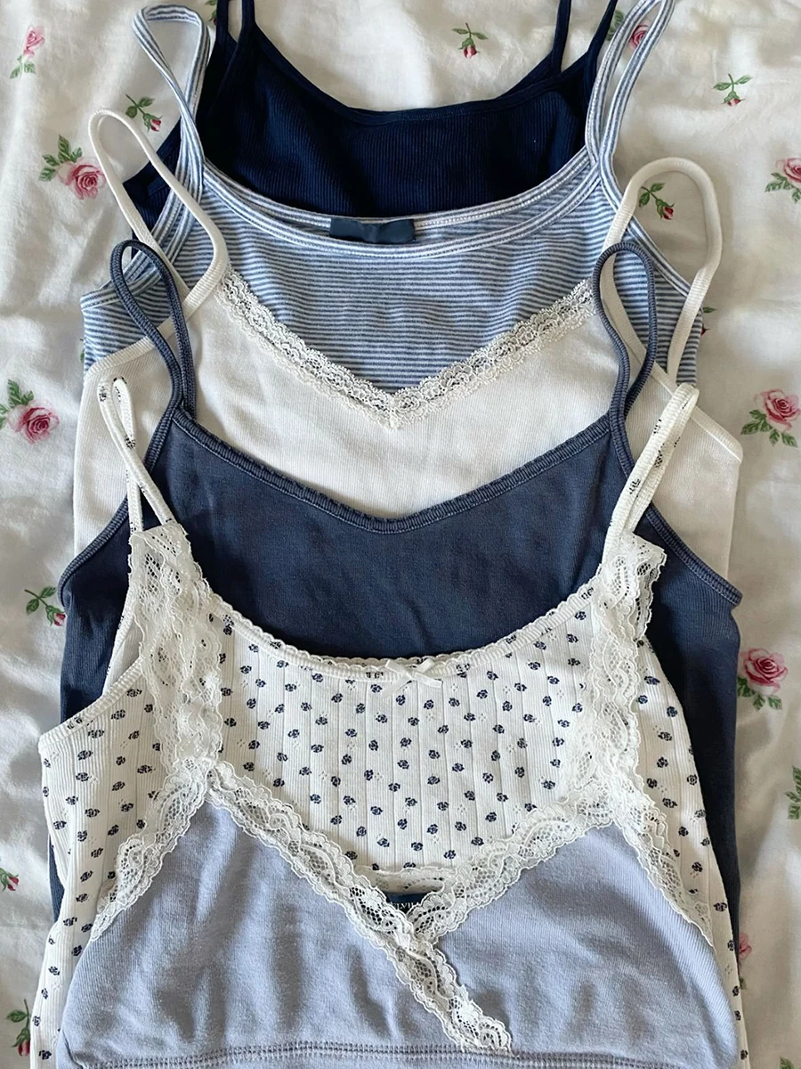 Lace Trim White Basic Slim Crop Top Women Summer V-neck Cotton Sleeveless Cropped Camisole Preppy Style Solid Sweet Tank Tops