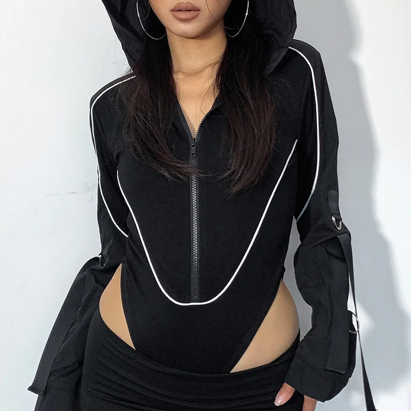 Dark girl motorcycle wind with hooded onesie fall new white patchwork zipper streamer long-sleeved top