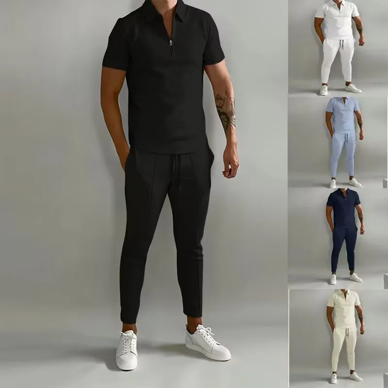 Summer Men\'s T-shirt Set Casual Lapel Zipper Short Sleeve+Trousers Two piece set Fashion Fast Drying Fitness Sports Polo Shirt