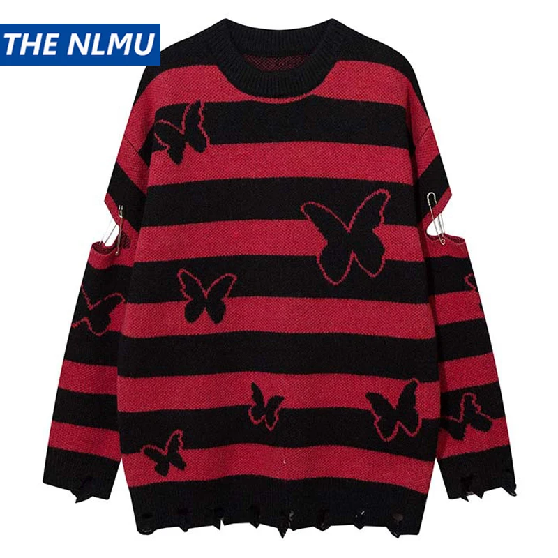 2023 Hip Hop Striped Knitted Sweater Streetwear Butterfly Graphic Distressed Ripped Pullover Men Harajuku Casual Knitwear Unisex