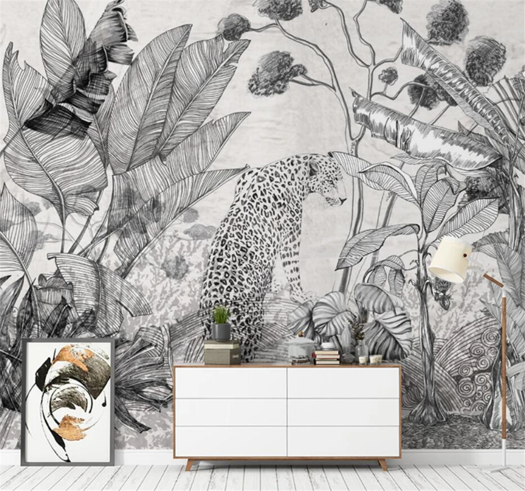 Custom Black White Retro Tropical Plants 3D Mural Wallpaper Stickers Living Room Background Wall paper Home decoration scenery