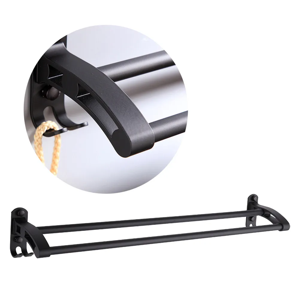 

Black Double Pole Towel Bar Space Aluminum Wall Mounted Bathroom Kitchen Towel Rack Holder Household Storage Shelf