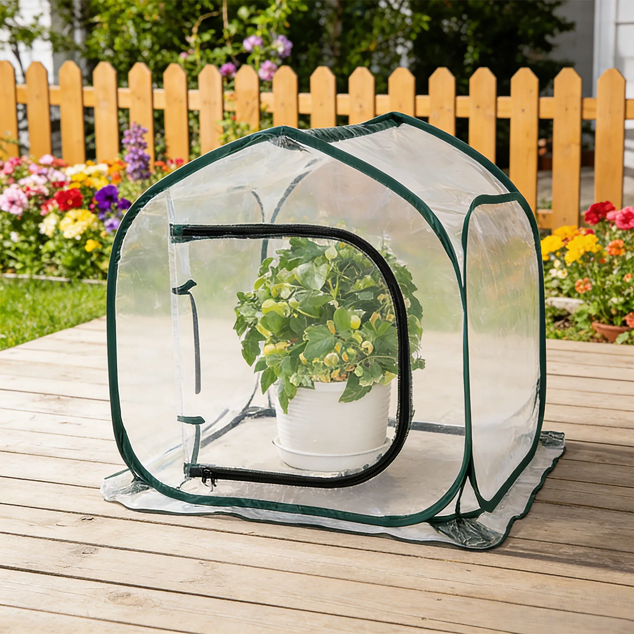 Compact foldable greenhouse for backyard use with mesh ventilation and transparent walls to support plant development