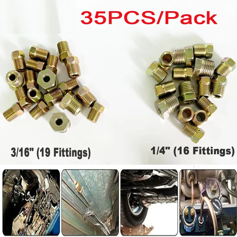 35pcs Standard Inverted Flare Brake Line Fittings Nuts Assortment 3/16 1/4 Kit Set Plating Zinc Nuts Kit