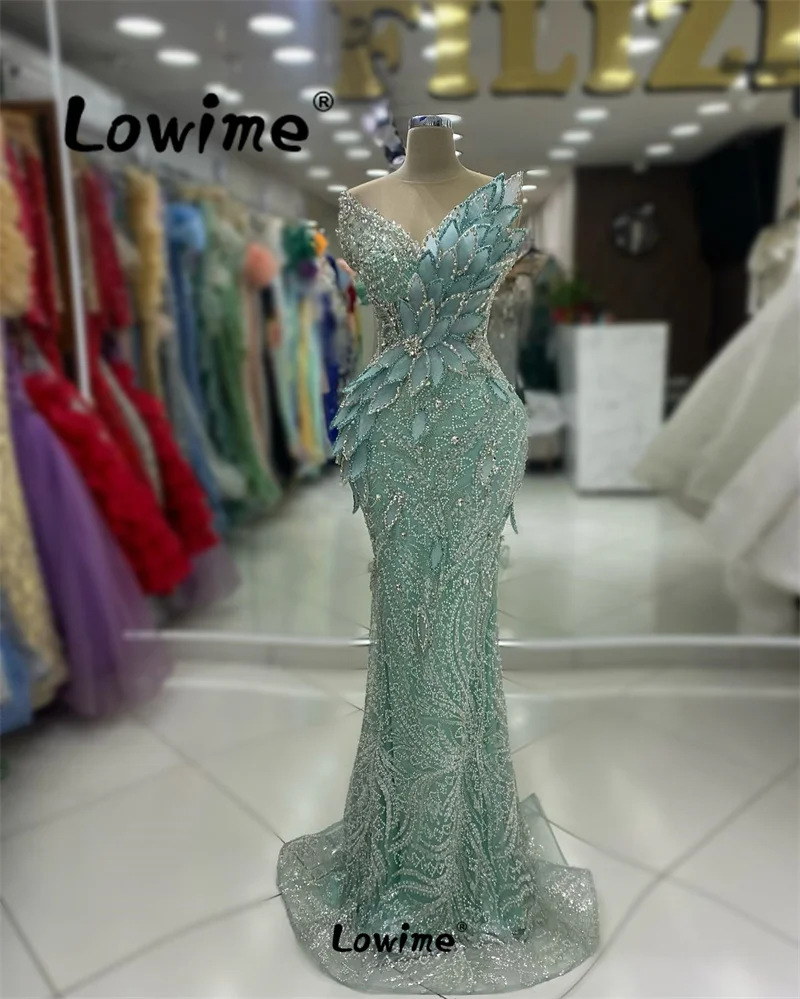 Amazing 5D Leaf Aso Ebi Crystal Mermaid Prom Dress Shiny Sequined Party Second Reception Birthday Engagement Gowns Evening Dress