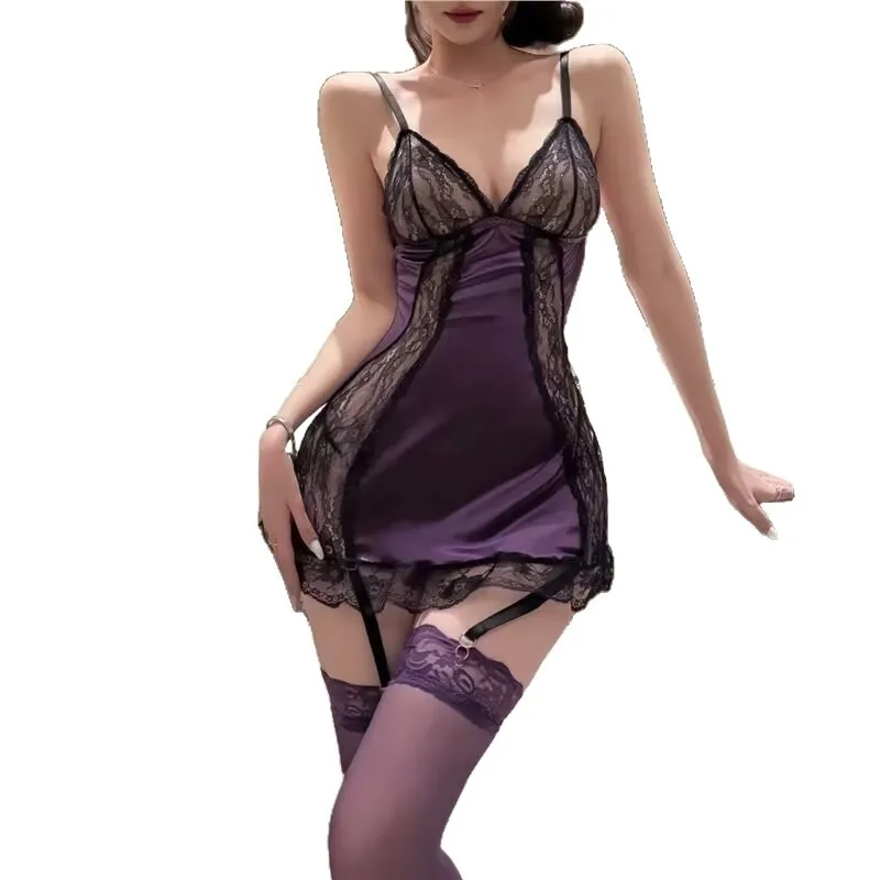 

New Large Size Purple Erotic Underwear Lace Hollow Perspective Nightdress Free Sexy Hip Skirt Suspender Pajamas Cw40715