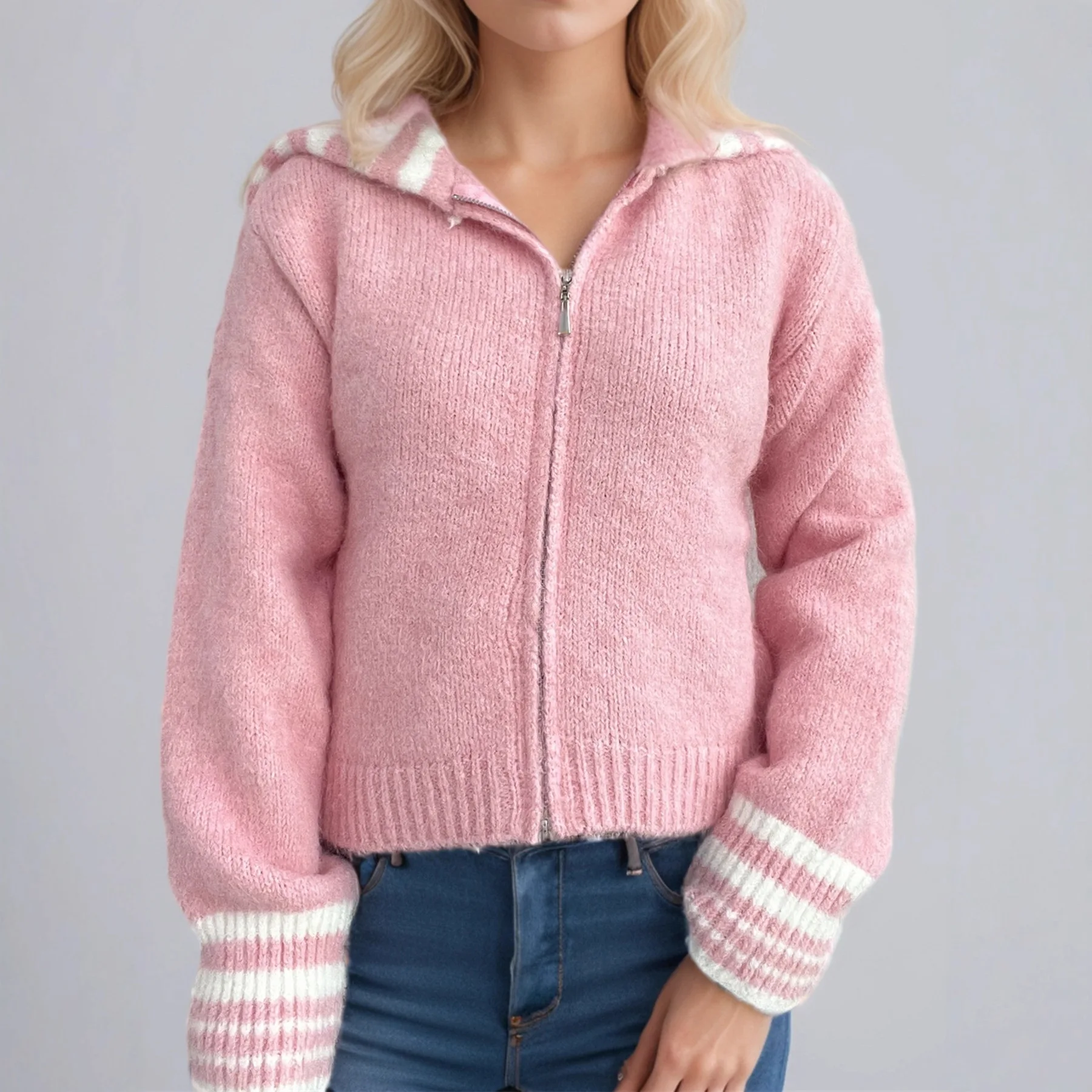 

2025 Autumn Winter Fashion New Style Turn-Down Collar Striped Knitted Cardigan Casual Chic Zipper Sweater Jacket