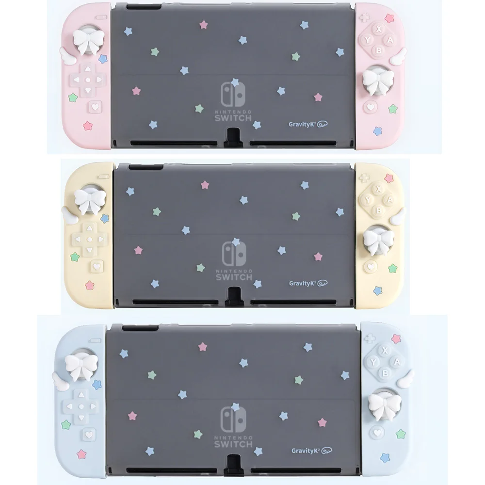 Star Wings Full-Cover Protective Case for Switch OLED – Kawaii Hard Shell & Silicone Controller Cover , Non-Removable Backplate