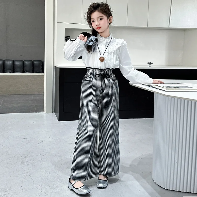 

Весенне-осенний комплект одежды для девочек-подростков, рубашка с воротником в виде листьев лотоса + клетчатые широкие брюки с высокой талией, детский костюм из 2 предметов, детская одежда