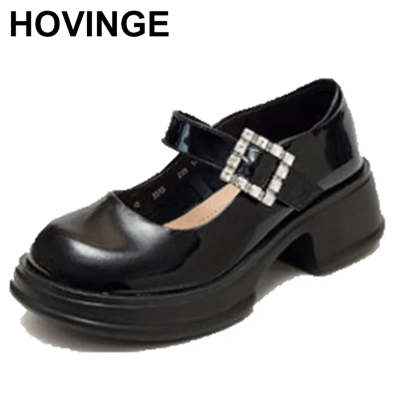 Med Square High Heels Women New Real Cow Leather Spring Round Toe Girl Black Work Pumps Shoes For Woman