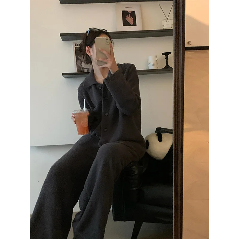 

Коричневый полубархатный женский костюм, осенне-зимний плюшевый вязаный топ с лацканами и длинными рукавами + брюки, теплая одежда для дома, комплект из 2 предметов на флисовой подкладке