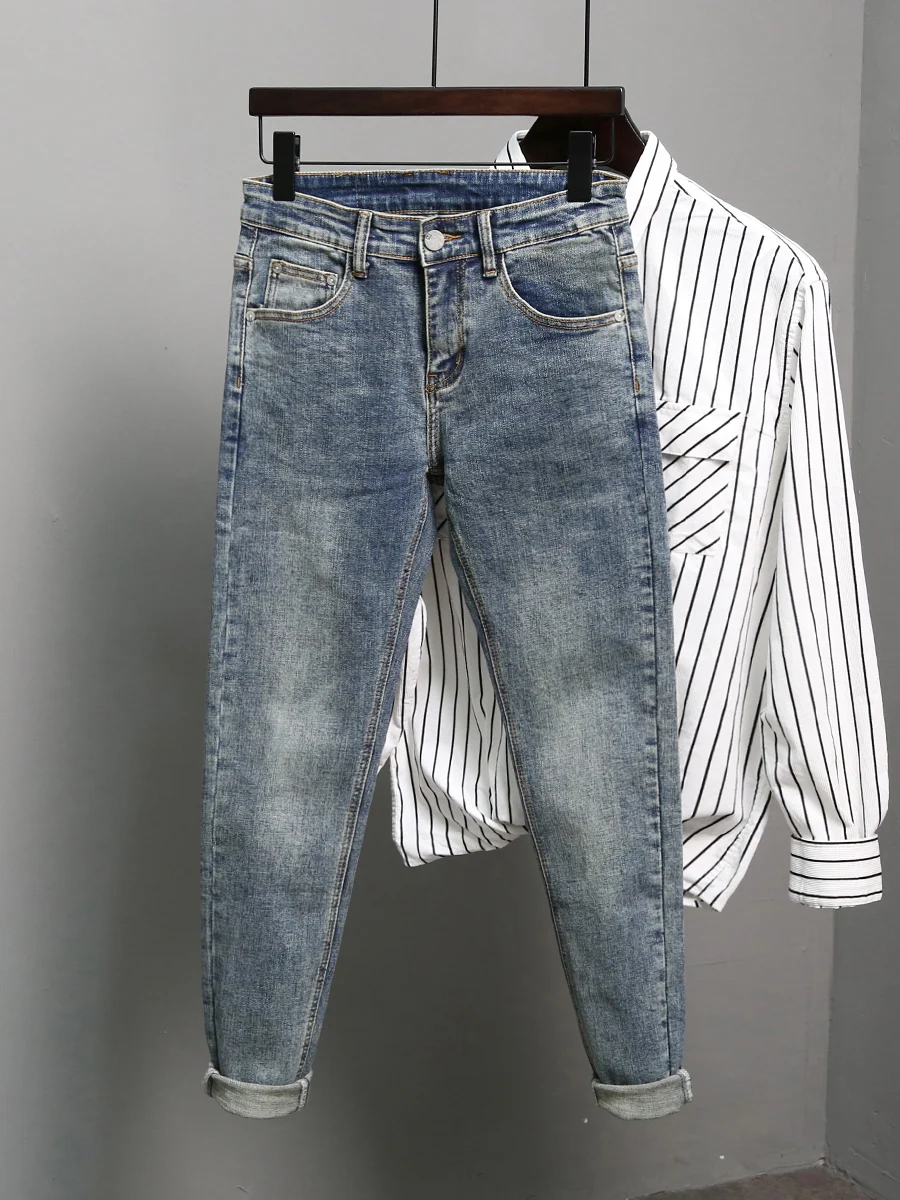 

Men's Slim Fit Thickened Fleece Lined Retro Denim Jeans mid Waist Elastic Processing Wear Resistant Casual Style Autumn Winter