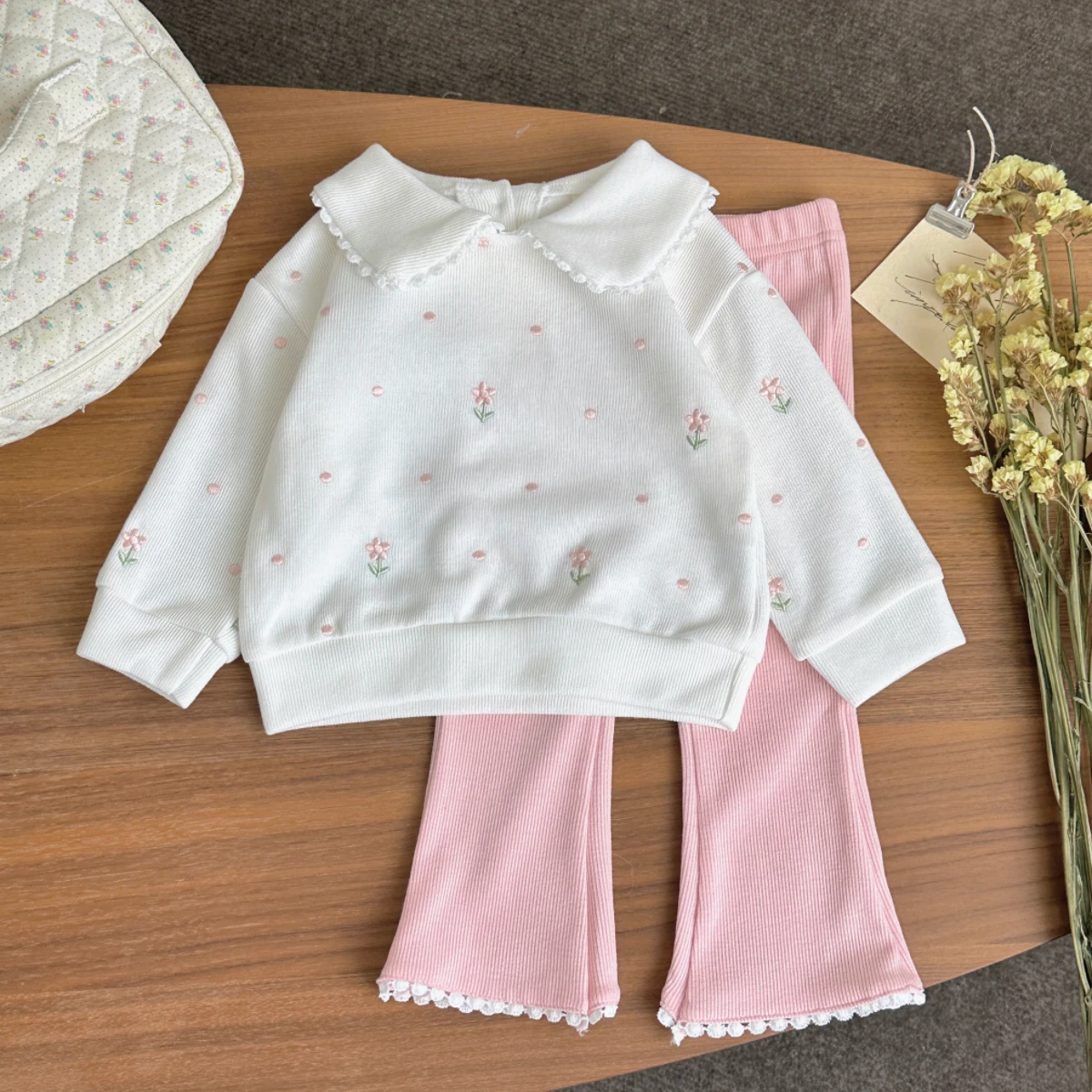 جديد الخريف الفتيات مجموعات الوردي الأزهار المطرزة أعلى + أسفل مجموعات أطفال 0-3 سنة الوليد بدلة طفل 2 قطعة ملابس طفل رضيع