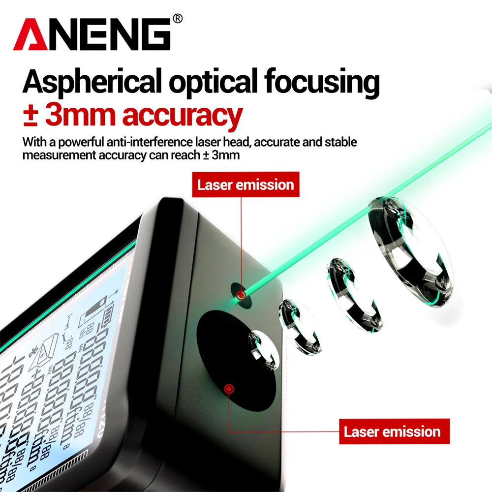 

Лазерный дальномер ANENG K120/K50/K70/K100 для измерения объема/площади, точность измерения ±3 мм, хранение 20 наборов данных, диастиметр.