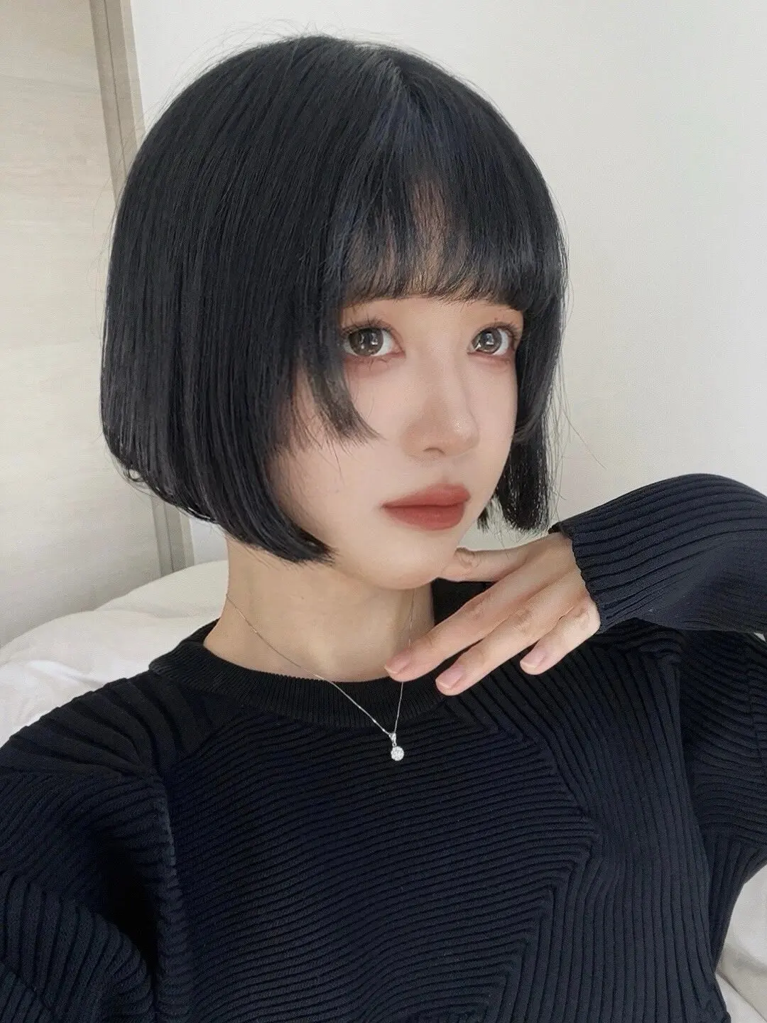Autumn Winter Knitted Wool Dress Knee-Length Asymmetrical Skirt Design Simple Style Polyester Fabric Long Sleeve Dress