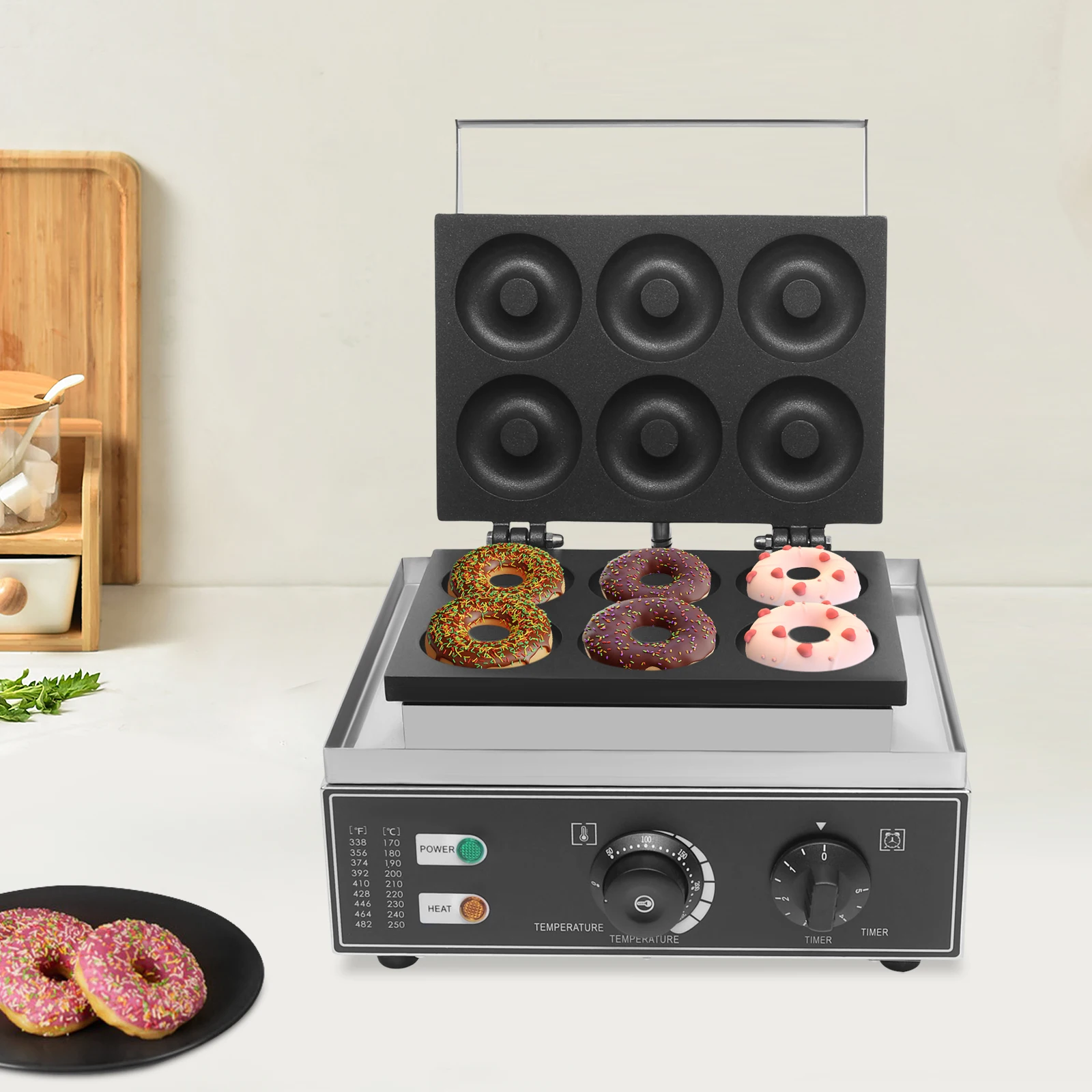 Sweetmile 6-Grid Donut Maker Stainless Steel Doughnut Making Machine W/ Non-Stick Mold, 1-5min Timer, 50-300℃ Temp. Control