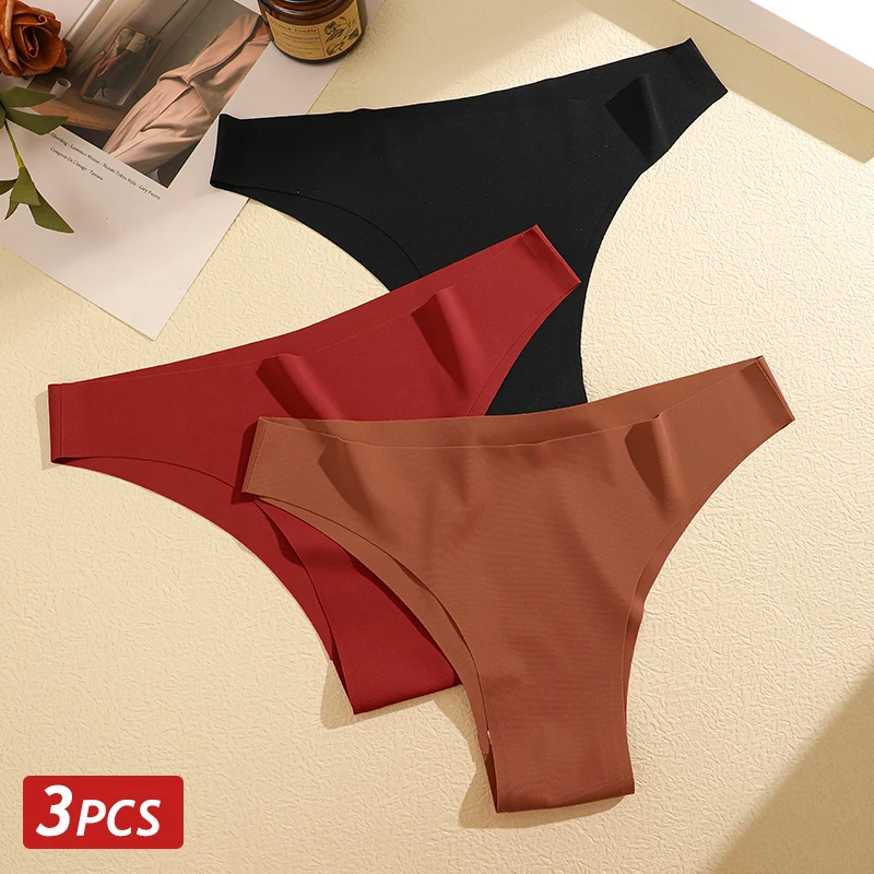 3PCS Frauen Eis Seide Nahtlose Brasilianische Höschen Niedrige Taille Sexy Dessous Weibliche Feste Ultra Dünne Weiche Unterwäsche Keine Spur bikini