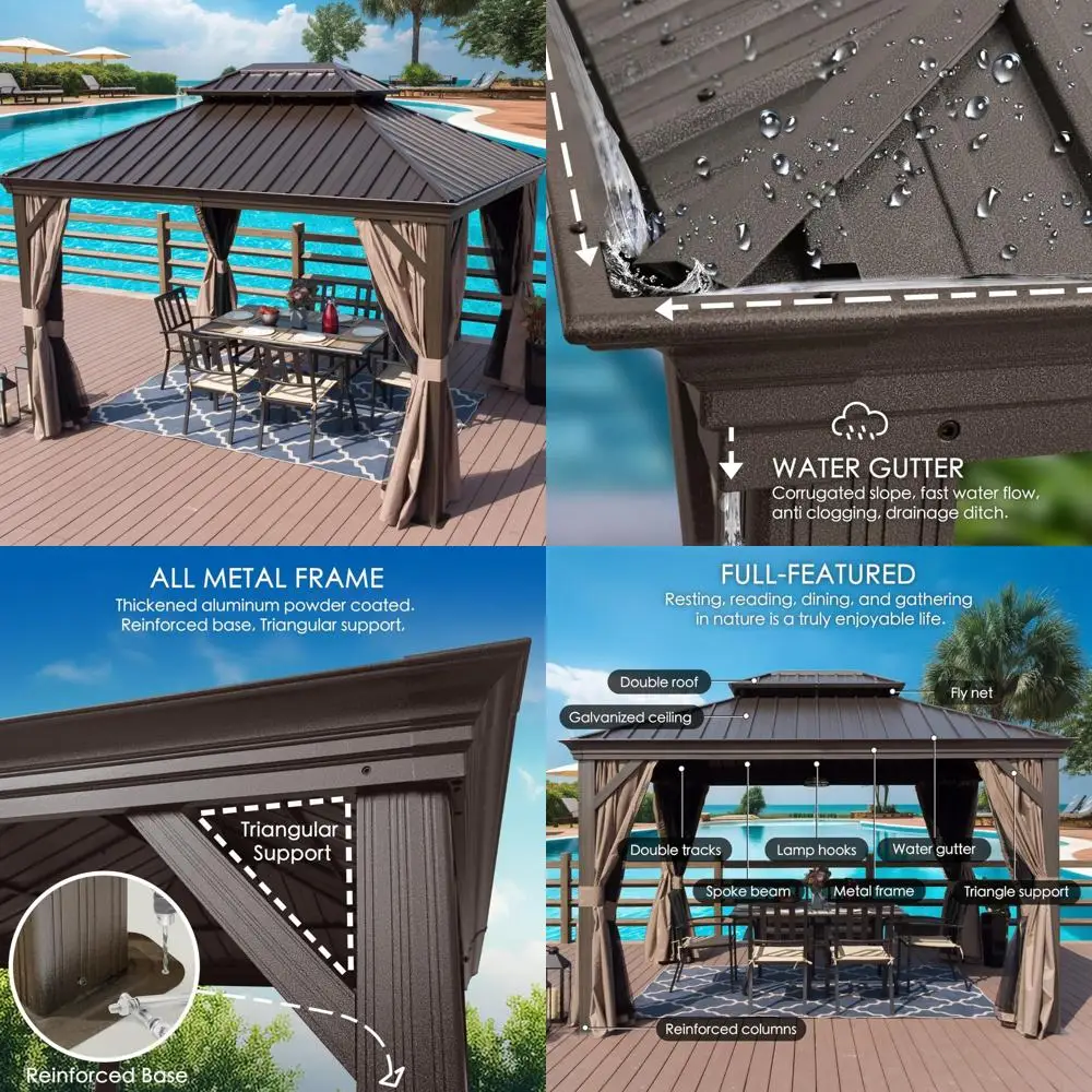 

Aluminum Hardtop Gazebo with Galvanized Steel Double Roof, Curtain, and Netting for Permanent Outdoor Pavilion