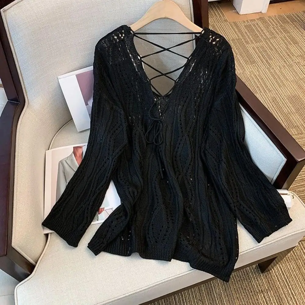 Women Breathable Blouse Knitted Top Women’s Knitting Hollow Design Pullover Tops V-neck Strap Long Sleeve Blouses for Spring