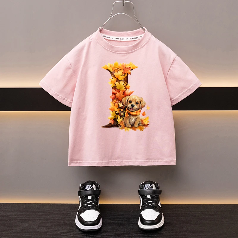 Maple Leaves Letter I Children T-shirt Kawaii Clothes for Girls T Shirt Anime Cartoons Casual Kid Boy Short Sleeve Tops New 2024