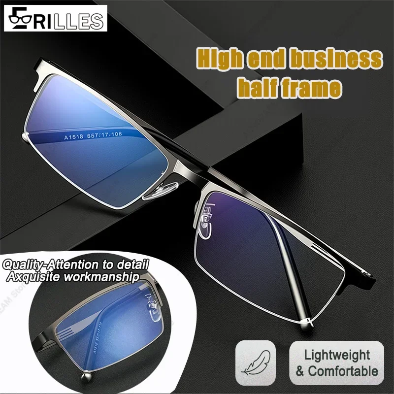 Gafas de Titanio Semi-Montura para Hombre, 13g Ultraligeras con Marco Cuadrado, Estilo Flexi-Work para Oficinas Híbridas, Esenciales para un Look Business Casual