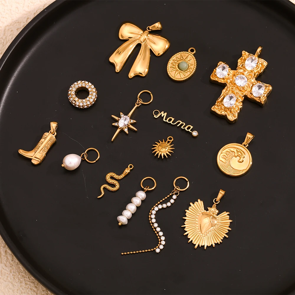 MamacitaSlay Popular Bow Zircon Cross Donut Martin Boot charms for jewelry making diy high quality stainless steel charms