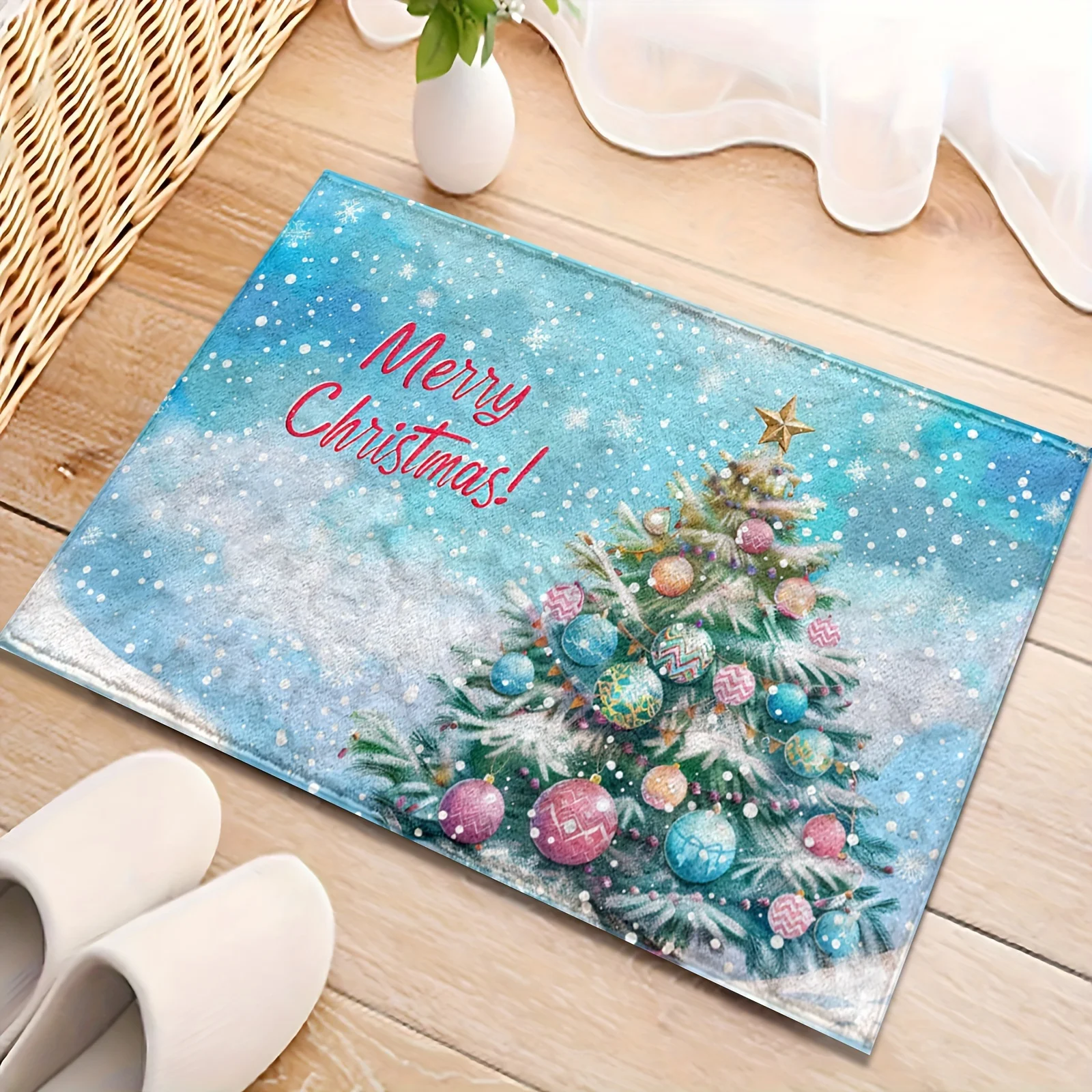 Blue Theme Christmas Tree Snow Scene Bathroom Anti-silp Door Mats Suitable for Living Room Entrance Decorations Accessories Pads