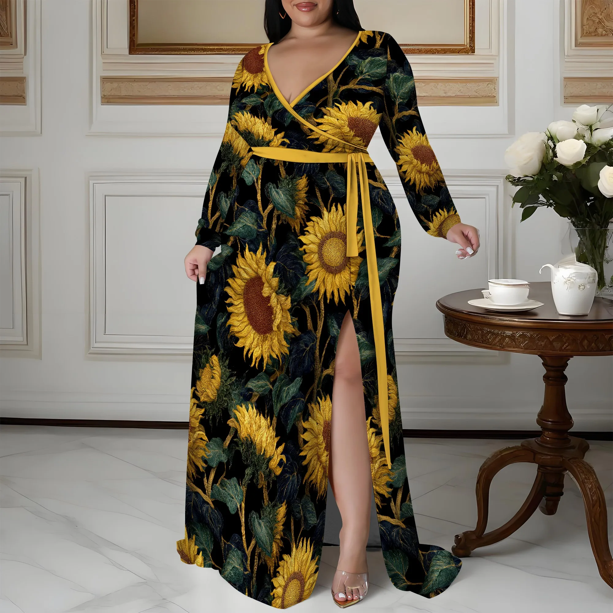 Nupusa zwarte zonnebloemprintjurk voor dames plus maat casual maxi-jurk met V-hals en lange mouwen en riem