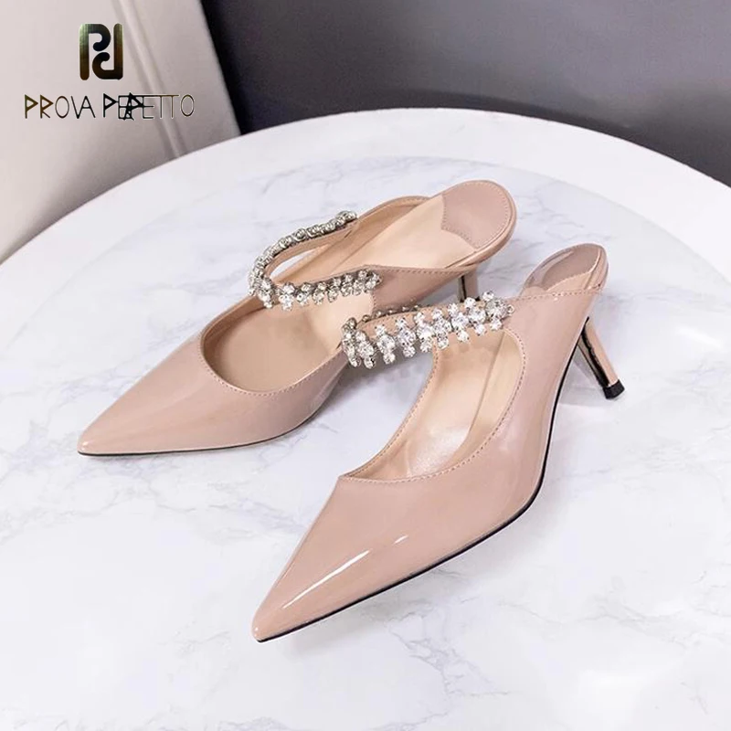 

Bling Bling Rhinestone Strap Pointed Toe Ladies Spring Slipper Shoe Thin Heel White Black All Match Comfortable Slip on Mules