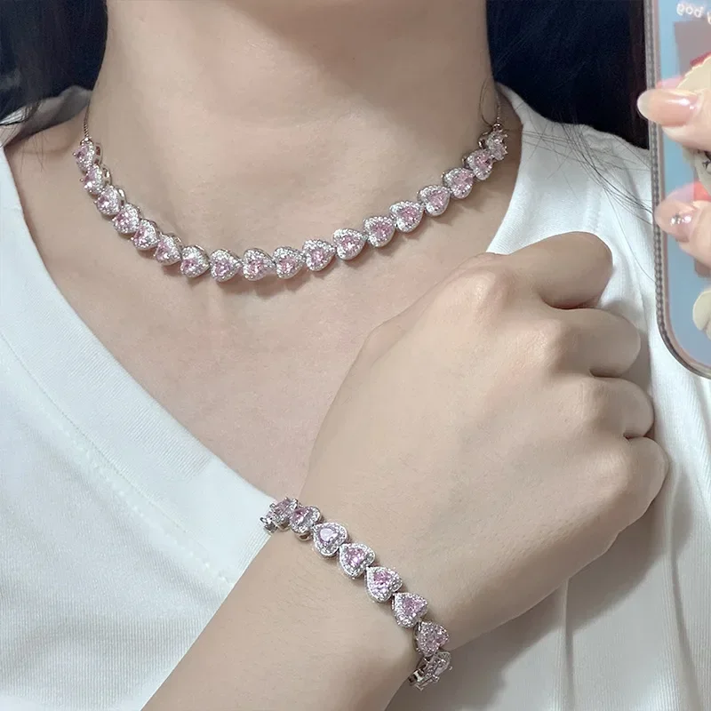 MDL Moissanite Style Brilliant Pink Heart Gemstone Bracelet 18K Gold Plated Heart 5A Zirconia Slow Girl Gift Elegant Necklace