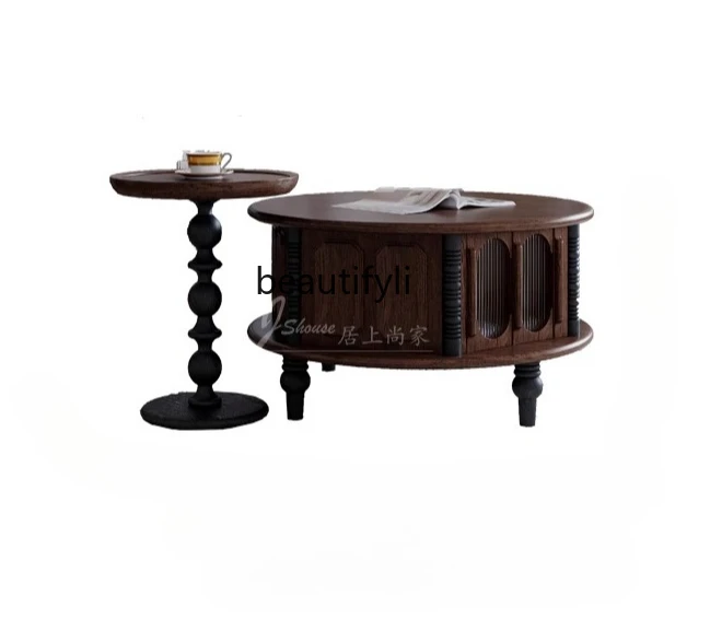

French pure solid wood coffee table round retro black medium and ancient style high and low living room household side table