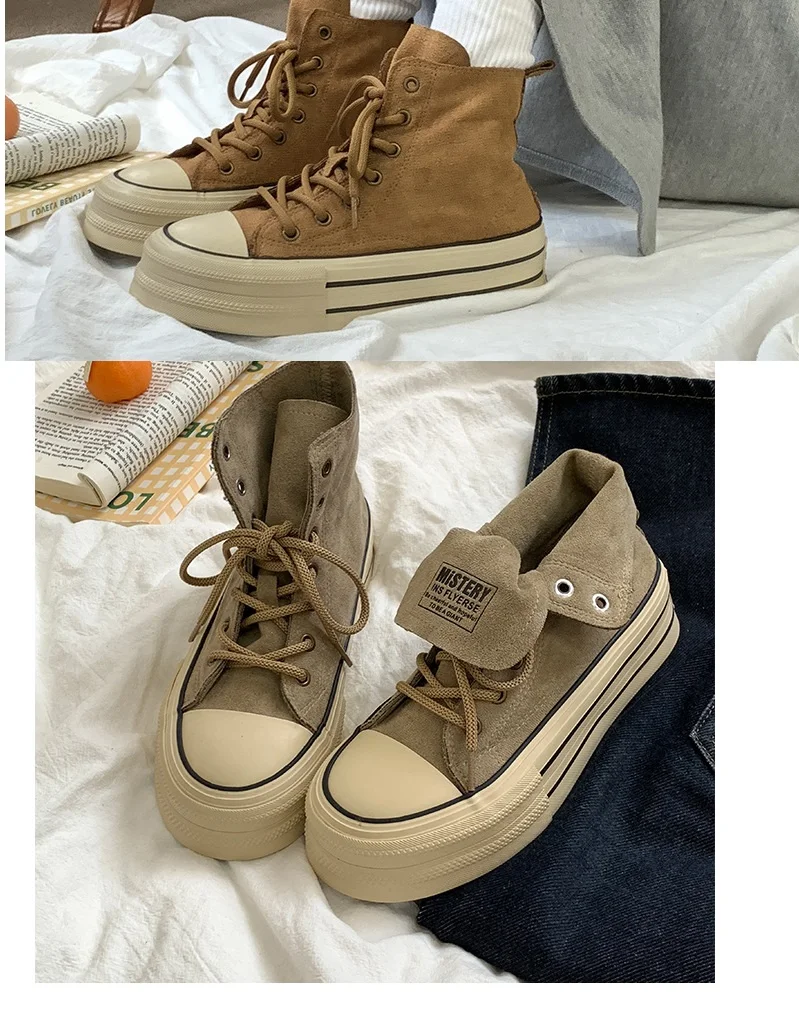 Quality Women Soft Ankle Boots Suede PU Girls Platform Sneaker High Top Students Thick Soled Sport Shoes Lace Up Soft Foot Feel