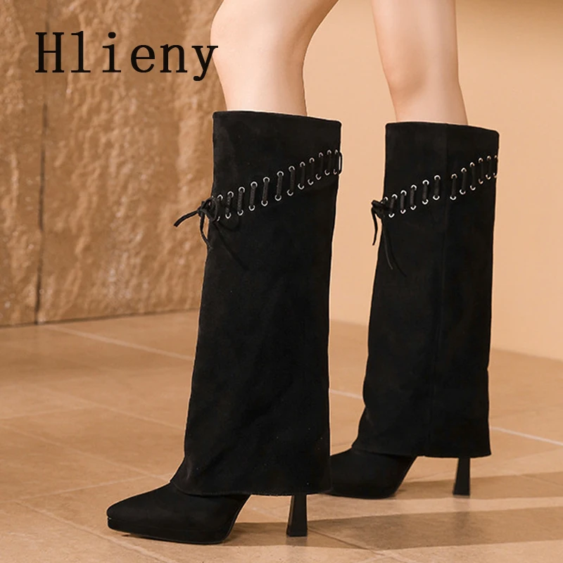 hlieny-冬の新作、女性用ニーハイブーツ、プラットフォーム、ポインテッドトゥ、ハイヒール、ファッション、レースアップ、ヴィンテージ、パーティー、レディースシューズ、ロングブーツ。