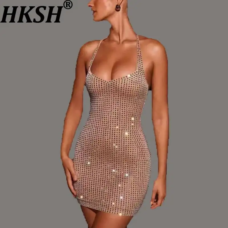 

HKSH Women Sexy Short Dress Halter Neck Sleeveless Backless Studded Diamonds Waist Cinching Slim Fit Chic Dresses Summer HK23501