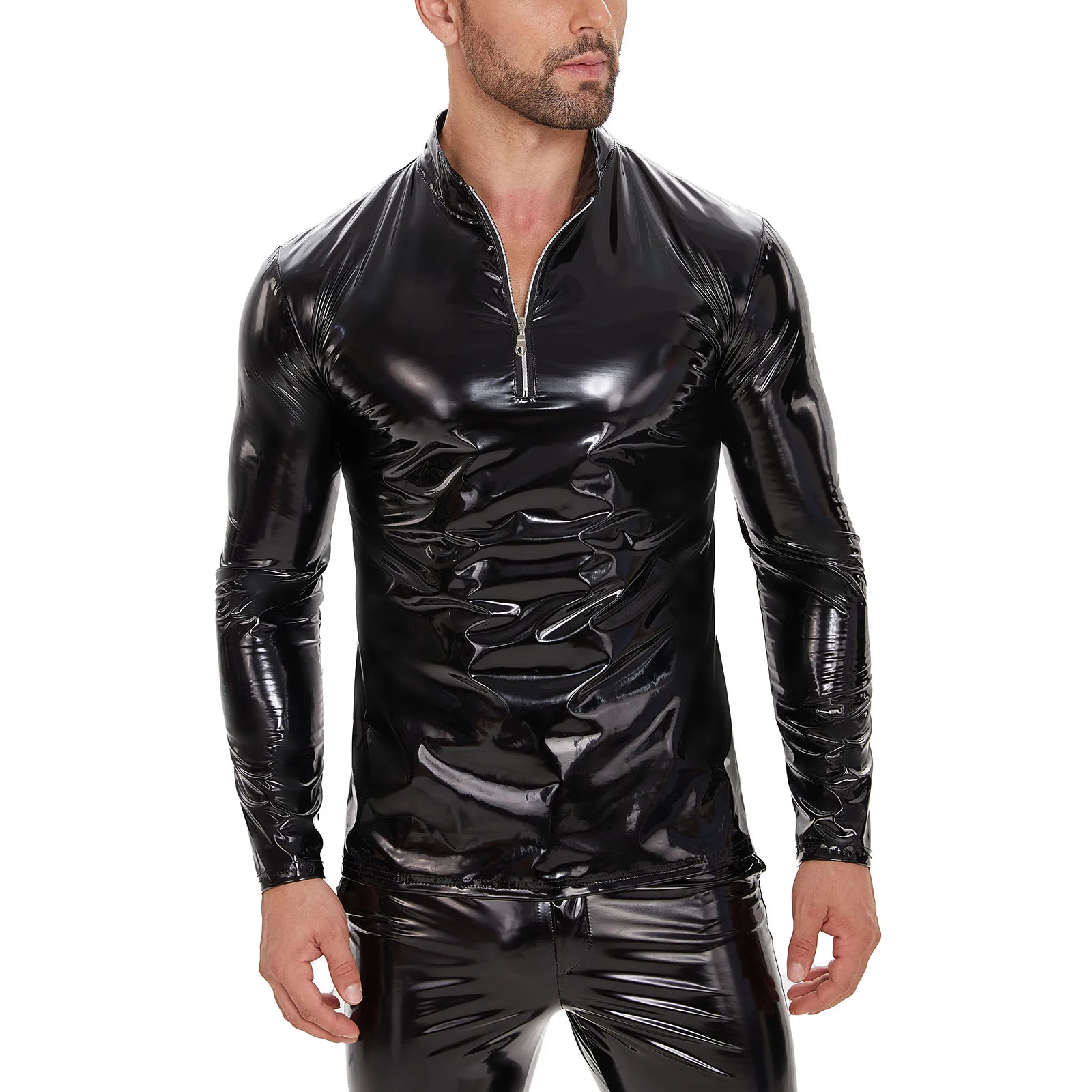 Plus Size Mens Shiny Leather Shirt Long Sleeve Glossy PVC Leather Tops Male Wetlook Latex Shaping Casual Coat Sexi