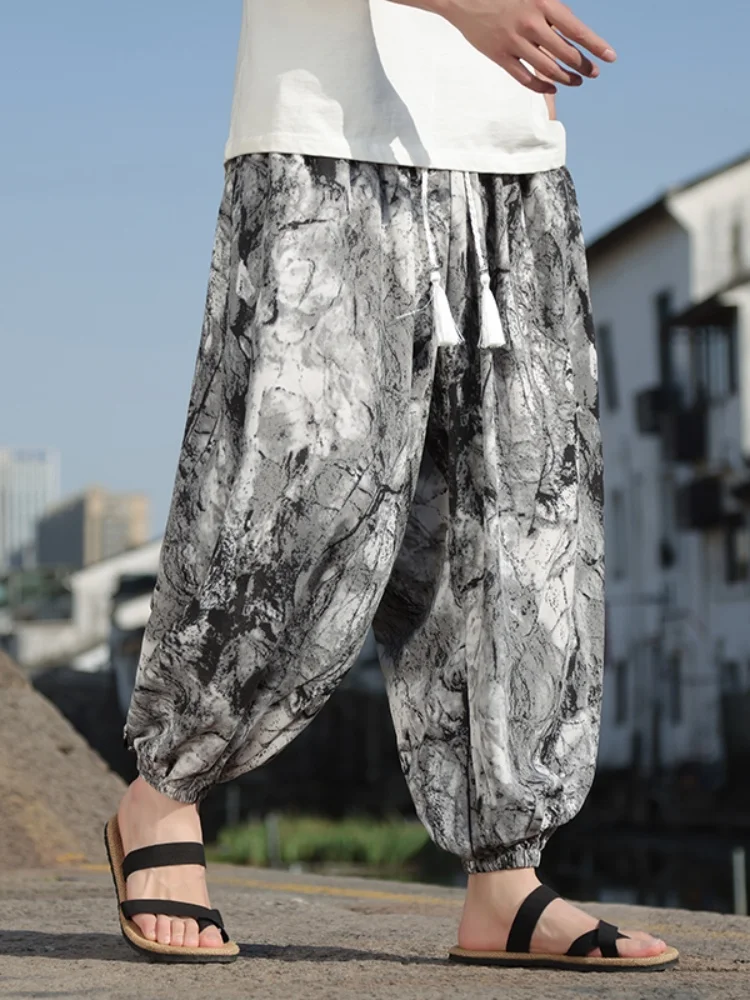 

New Chinese Sle Ice Silk Men's Summer Thin Qui Dry Casual Pants Loose Fit Baggy Lantern Pants Nine Point Elastic Waist