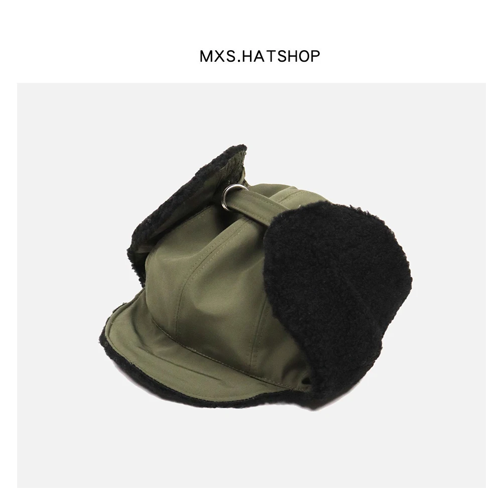 

Ins Pilot Winter Hat Unisex Fleece Lined Ski Ear Protection Cap Street Style round Top Short Brim Couples Hats for Shopping