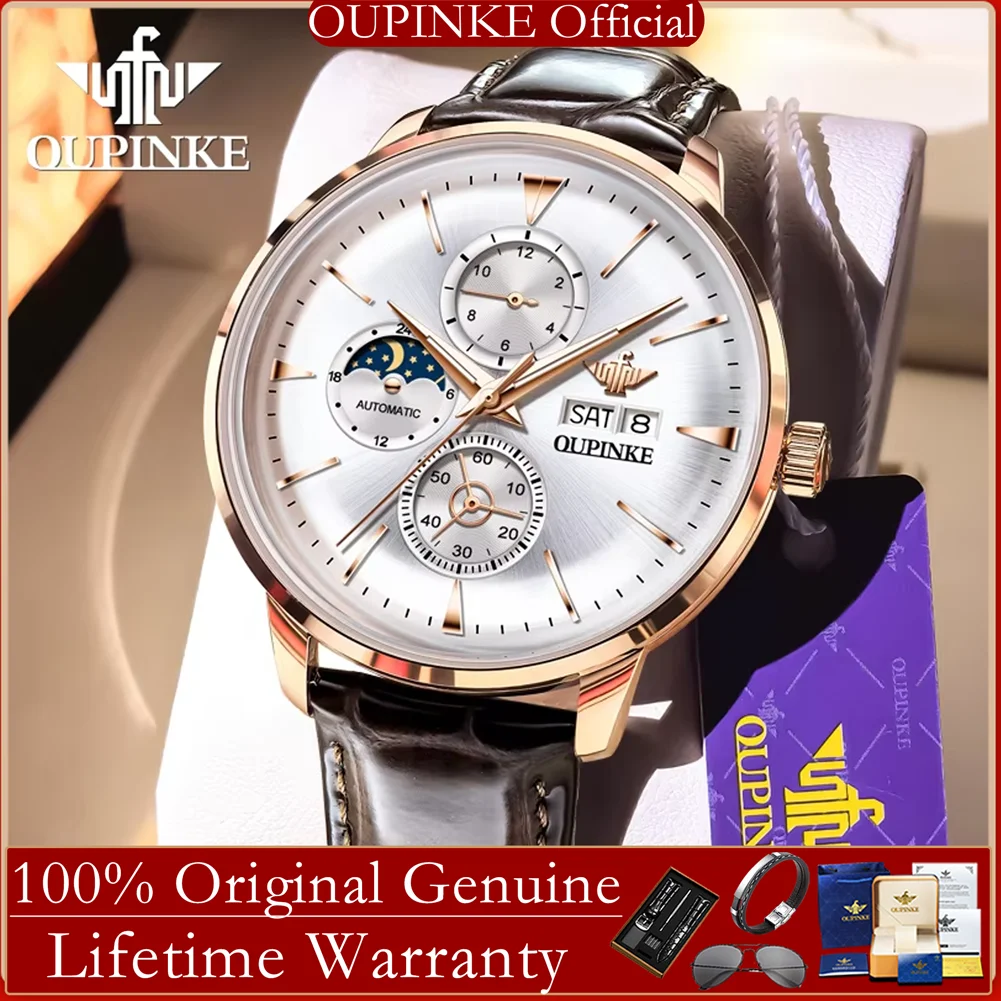 

OUPINKE брендовые эксклюзивные автоматические механические часы, роскошный кожаный ремешок, часы с хронографом и двойным календарем и фазой Луны для мужчин 3309