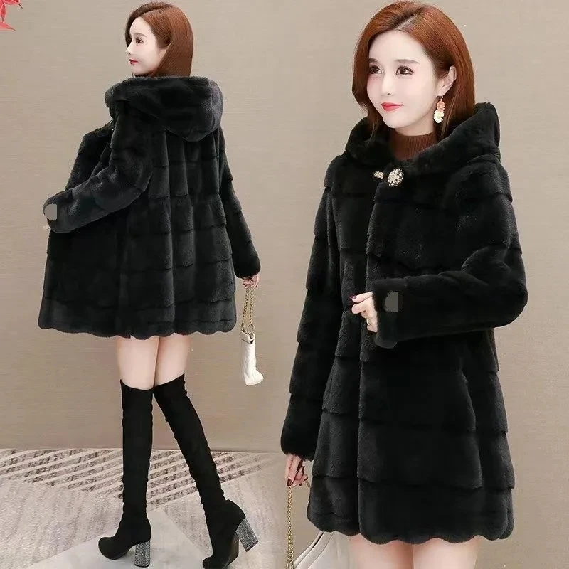 2023 Winter New Coat Mink Imitation Mink Velvet Medium-Length Fur Coat Female Winter Warm Thicken Plush Coat Hooded Jacket Women