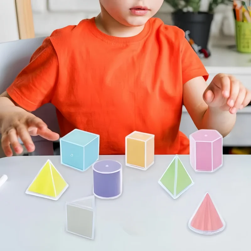 8 Stuks Montessori Wiskunde Transparante 3D Geometrie Bouwsteen Leren Speelgoed Leermiddelen 3D Ruimtelijk Denken Zintuiglijke Puzzel Speelgoed
