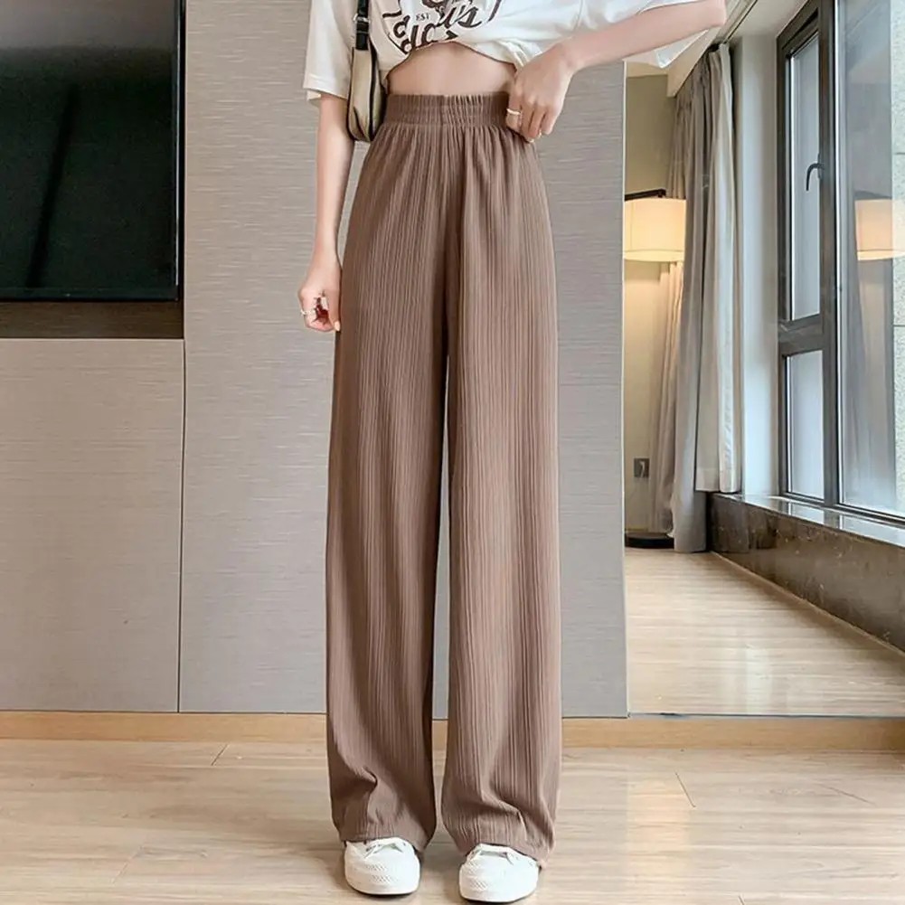 High Waist Elastic Waistband Women Pants Ribbed Thin Full Length Trousers  Breathable Ice Silk Straight Wide Leg Pants