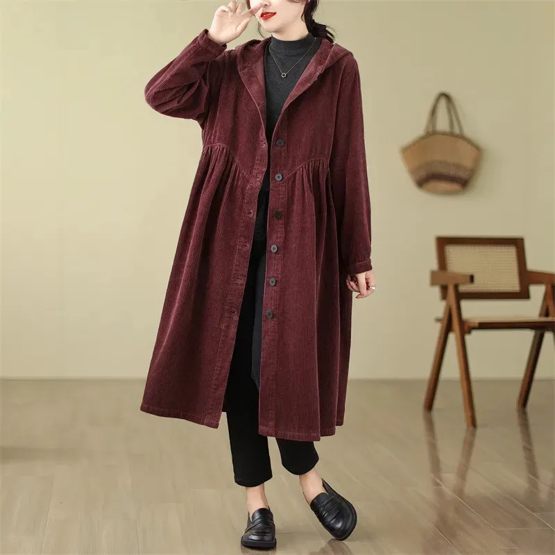 Manteau long en velours côtelé à capuche pour femme, coupe-vent décontracté, sensation d'affaissement, mode printemps et automne, nouveau, 2024