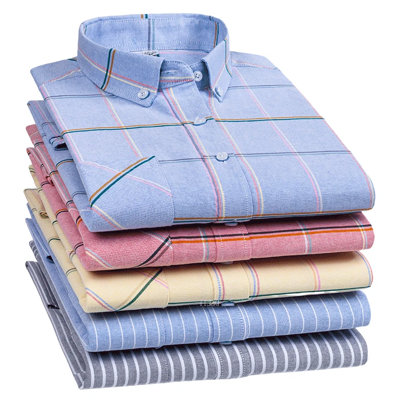 

Men Spring Autumn Fit Long-Sleeve Dress Shirt Pocket Oxford Button Down Casual Checked Soild Plain Shirts 100% Cotton Blouses