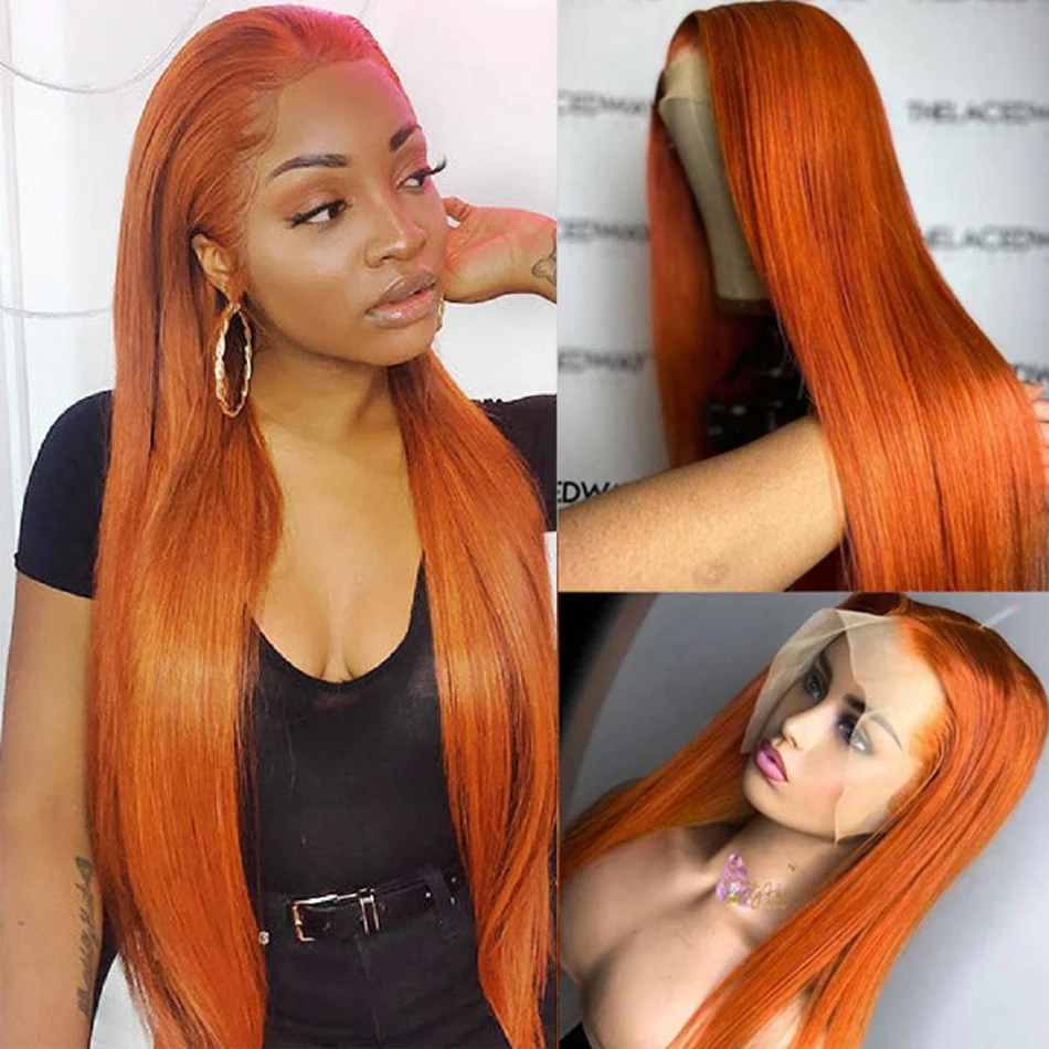 

Orange Ginger Lace Frontal Wig Brazilian Straight Human Hair Lace Front Wig 13x4 Closure Wig 180% Density Remy Hair Hotwave