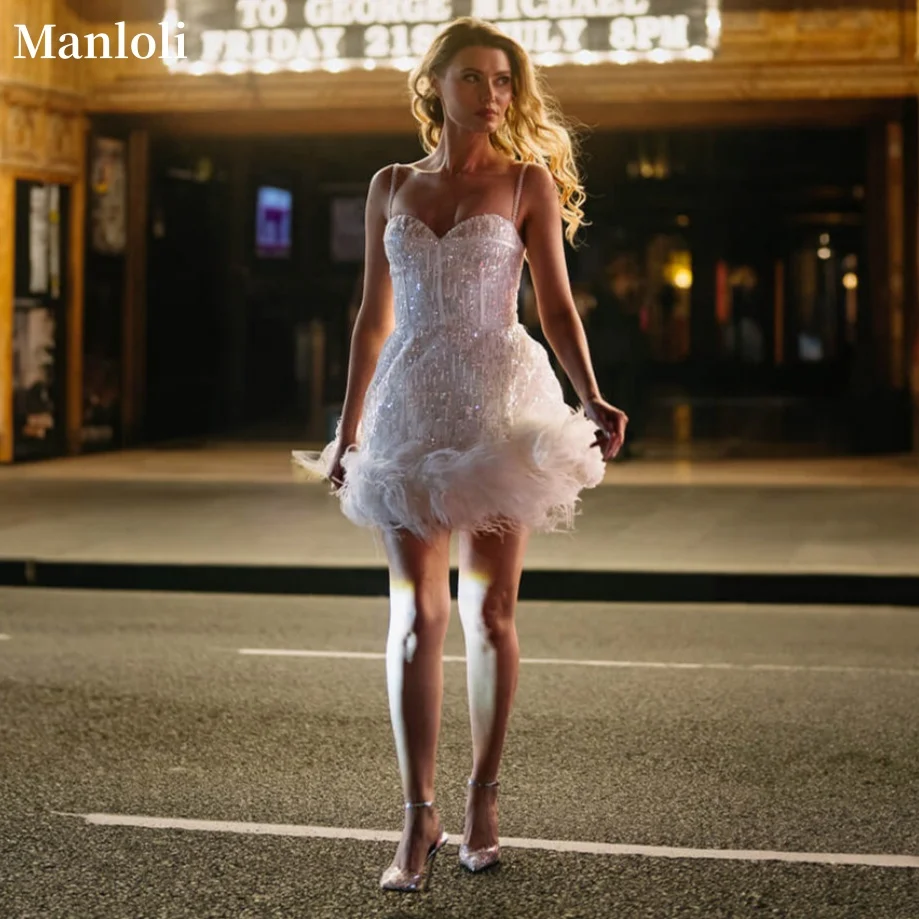 

Sparkling White Mini Dress Feather Hem Strapless Bridal Dress Sweetheart Ball Dress Special Occasion Elegant Party Dress Custom