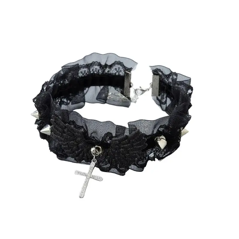 Fashion Women Girls Necklace Solid Color Wide Lace Rivets Lolita Lace Choker Y2K Angel Wings Cool Leather Necklace
