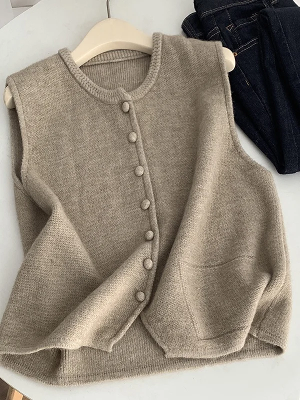 

Простой вязаный жилет, женская одежда, брендовая бирка, съемная верхняя одежда, многослойная модная одежда для поездок на работу, круглая осенняя одежда Ne Thiened