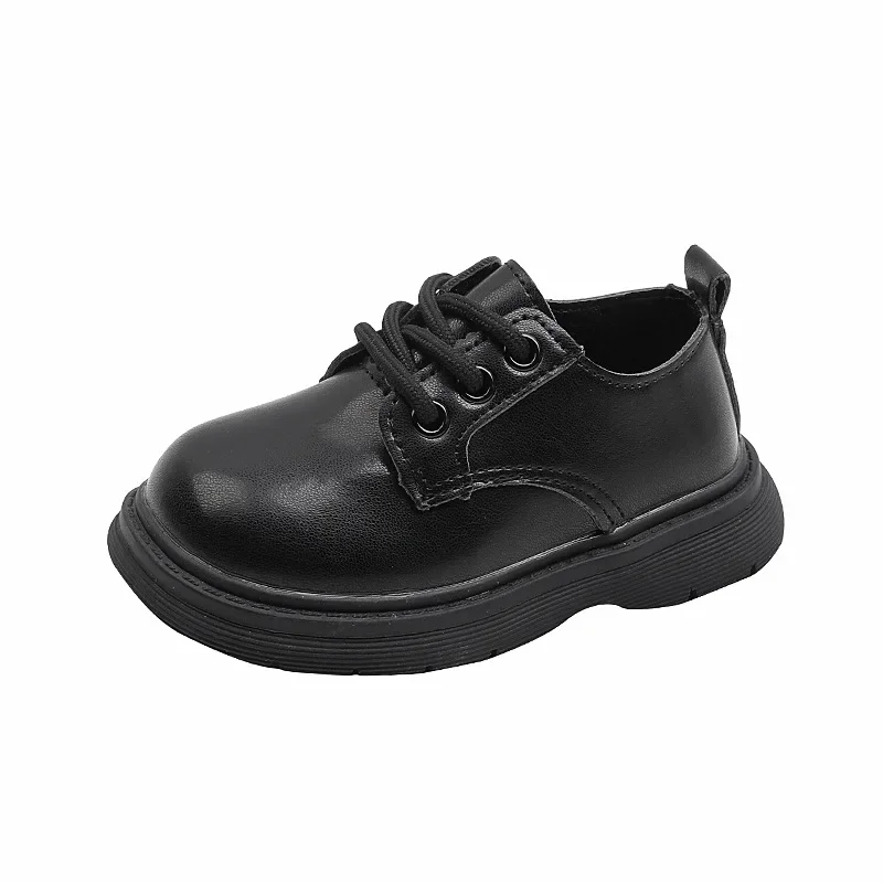 Children Leather Shoes Round Toe Soft Sole Kids Shoe Fashion Casual Boy Loafers Versatile School Girls Shoes Black Lace-up Flats